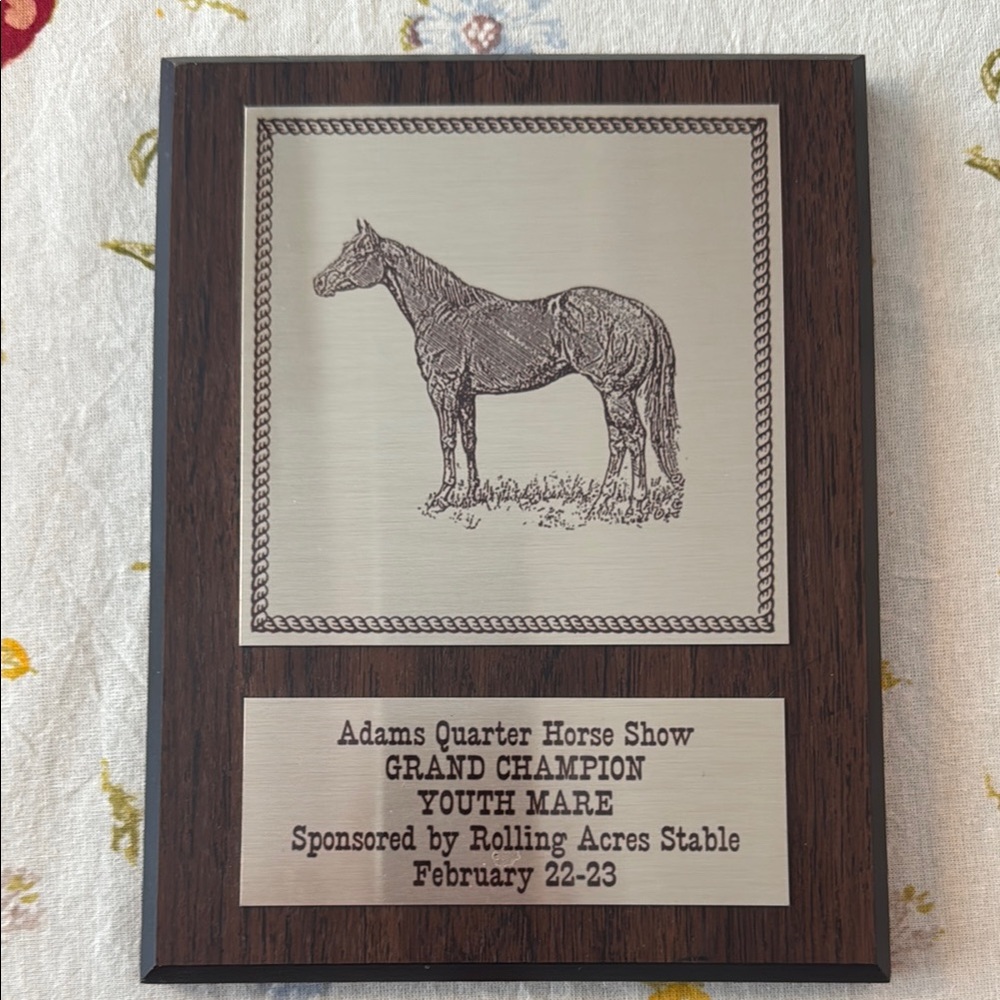 Adam’s (American) Quarter Horse Show GRAND CHAMPION YOUTH MARE Plaque